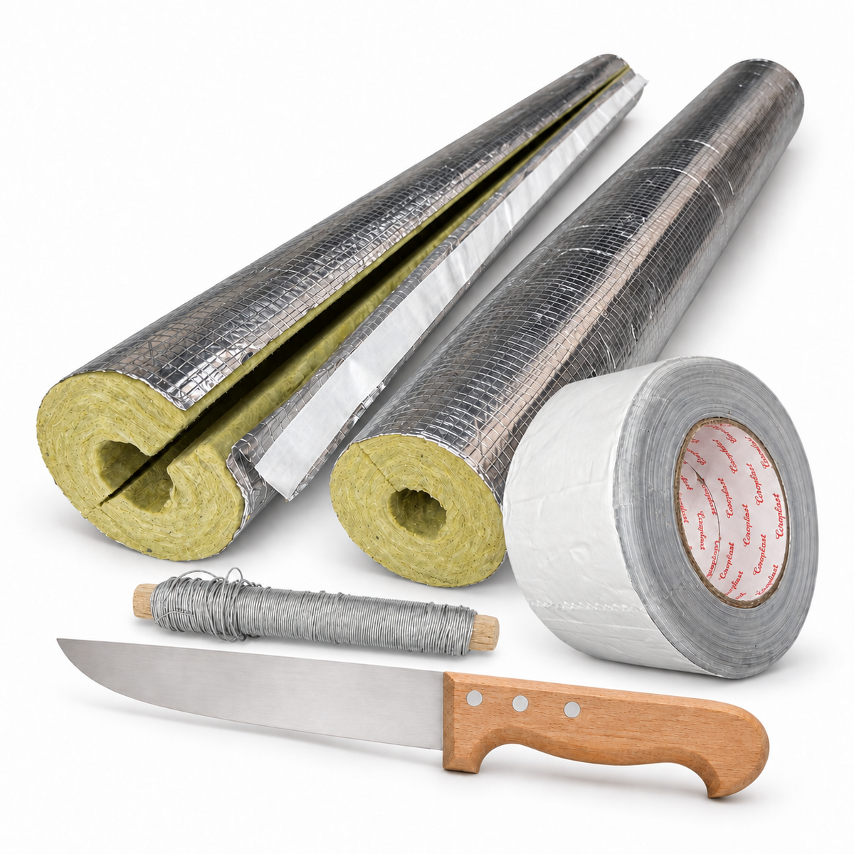Heizungsdämmset: ROCKWOOL RS 800 Rohrschalen, Coroplast-Aluband, verzinkter Wickeldraht und Dämmstoffmesser auf weißem Hintergrund.